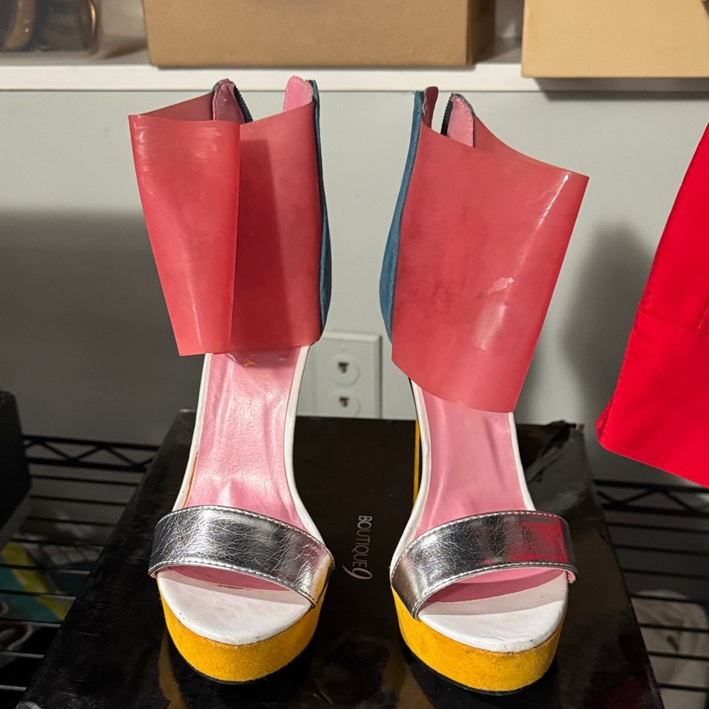 Boutique 9 Pink and Silver Heels with Yellow Platform